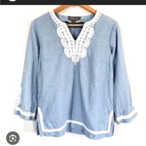 Point Sur Shirt - Blue Cotton/Linen Blend Embroidered Popover Tunic